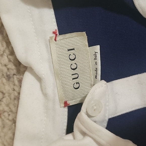 Gucci Dark Blue White Stripe Classic Logo Rugby Style Onesie Sz. 12/18M (unisex) - Picture 6 of 11